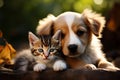Adorable team a kitty and puppy unite in play, showcasing irresistible cuteness