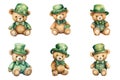 Adorable Teddy Bear Set in Green Hats and Bow Ties Royalty Free Stock Photo