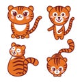 Adorable Tiger Cubs in cartoon style. Set of cute smiling tigers, isolated on white. Tiger cub mascot with kawaii muzzle. Chinese
