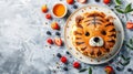 Adorable tiger face pancake with berries and honey on white plate kids breakfast with copy space Royalty Free Stock Photo