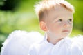 Adorable toddler boy in angel costume, angelic child