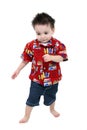 Adorable Toddler Boy In Bright Summer Clothes Barefoot Over Whit Royalty Free Stock Photo