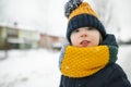 Adorable toddler boy having fun in a backyard on snowy winter day. Cute child wearing warm clothes playing in a snow Royalty Free Stock Photo
