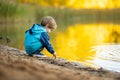 Adorable toddler boy having fun by the Gela lake on sunny fall day. Child exploring nature on autumn day in Vilnius, Lithuania Royalty Free Stock Photo