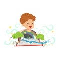 Adorable toddler boy having fun with magic pop-up book. Cheerful kid character with colorful imagination. Fantasy