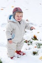 Adorable toddler boy having fun with snow on winter day Royalty Free Stock Photo