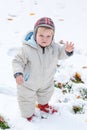 Adorable toddler boy having fun with snow on winter day Royalty Free Stock Photo