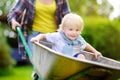 Adorable toddler boy having fun in a wheelbarrow pushing by mum in domestic garden, on warm sunny day Royalty Free Stock Photo