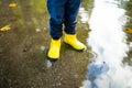 Adorable toddler boy wearing yellow rubber boots playing in a a puddle on sunny autumn day in city park. Child exploring nature. Royalty Free Stock Photo