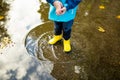 Adorable toddler boy wearing yellow rubber boots playing in a a puddle on sunny autumn day in city park. Child exploring nature. Royalty Free Stock Photo