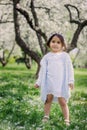 Adorable toddler child girl in light blue dressy outfit walking and playing in blooming spring garden