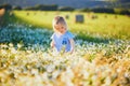Adorable toddler girl amidst green grass and beauitiful daisies