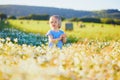 Adorable toddler girl amidst green grass and beauitiful daisies on a summer day
