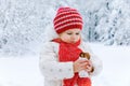 Adorable toddler girl eating chocolate cake in winter forest. Happy healthy hungry child with brownie, outdoors. Active Royalty Free Stock Photo
