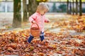 Adorable toddler girl picking chestnuts in Tuileries garden in Paris, France Royalty Free Stock Photo