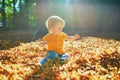 Adorable toddler girl sitting on the ground in large heap of fallen leaves Royalty Free Stock Photo