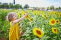 Adorable toddler girl on sunflower field Royalty Free Stock Photo