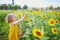 Adorable toddler girl on sunflower field Royalty Free Stock Photo