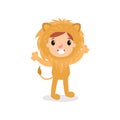 Adorable toddler in lion costume. Little king of jungle standing with hands up. Children animal jumpsuit for Halloween