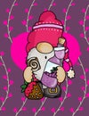 Adorable Valentine Gnome illustration holding a rose and a heart