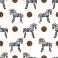 Adorable Vector Cartoon Zebra Seamless Pattern. Cute Safari Animal Background. Hand Drawn Kawaii Kid Motif Illustration Doodle in Royalty Free Stock Photo