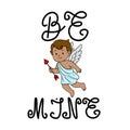 Adorable vector cupid character with wings and bow, holding an arrow, with the text \