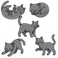 Adorable vector illustration featuring five playful grey kittens in various poses: one upside down, one sleeping, one standing, Royalty Free Stock Photo