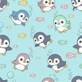 Cute cartoon penguins with fish and bubbles on light blue seamless pattern background Royalty Free Stock Photo