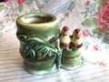 Adorable Vintage Bamboo and Two Birds Pottery Planter