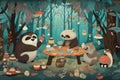 Adorable wallpaper design of whimsical animals such as sloths, pandas, and foxes having a tea party in a cozy