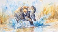 Adorable watercolor baby elephant on colorful abstract nature background. Playful elephant in splash of colors. Concept Royalty Free Stock Photo