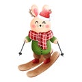 Adorable watercolor bunny with antlers skiing in a green sweater and brown pants