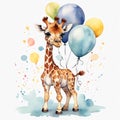 Adorable Watercolor Clip Art Tiny Baby Giraffe Delightfully Holding Balloons for a Charming Baby Sh Royalty Free Stock Photo