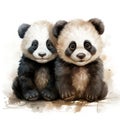 Adorable Watercolor Clipart of Two Playful Baby Pandas on a White Background AI Generated