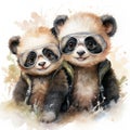 Adorable Watercolor Clipart of Two Playful Baby Pandas on a White Background AI Generated