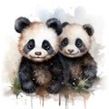 Adorable Watercolor Clipart of Two Playful Baby Pandas on a White Background AI Generated