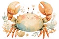 Adorable watercolor crab character, cheerful and colorful, surrounded by delicate flora