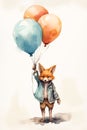 adorable watercolor depiction of a little fox clutching balloons Royalty Free Stock Photo