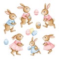 Adorable Watercolor Easter Bunnies with Pastel Eggs Royalty Free Stock Photo
