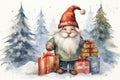 Adorable watercolor gnomes gather around the Christmas tree, exchanging gift in the cool Arctic atmosphere. Full color