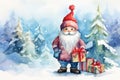 Adorable watercolor gnomes gather around the Christmas tree, exchanging gift in the cool Arctic atmosphere. Full color