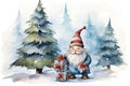 Adorable watercolor gnomes gather around the Christmas tree, exchanging gift in the cool Arctic atmosphere. Full color