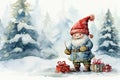 Adorable watercolor gnomes gather around the Christmas tree, exchanging gift in the cool Arctic atmosphere. Full color