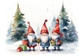 Adorable watercolor gnomes gather around the Christmas tree, exchanging gift in the cool Arctic atmosphere. Full color