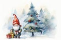 Adorable watercolor gnomes gather around the Christmas tree, exchanging gift in the cool Arctic atmosphere. Full color