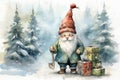 Adorable watercolor gnomes gather around the Christmas tree, exchanging gift in the cool Arctic atmosphere. Full color