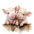 Adorable Watercolor Illustration of Two Baby Piggies Kissing on a White Background AI Generated