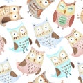 Adorable watercolor owls seamless pattern