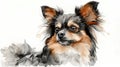 Watercolor painting of a long-haired chihuahua looking up with big eyes