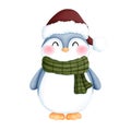 Adorable watercolor penguin with green scarf and red beanie hat illustration. Charming winter penguin clipart Royalty Free Stock Photo